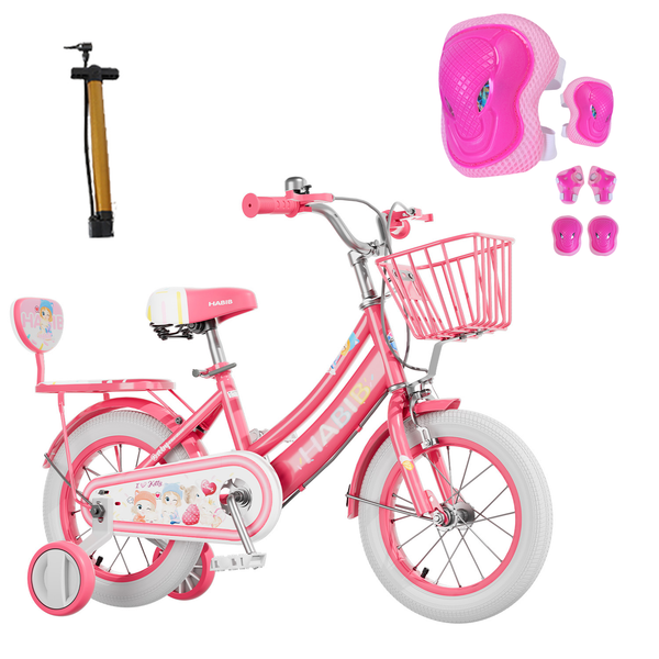 Habib Gruppe Mädchenfahrrad Komplettset | 12, 14, 16 Zoll | Inkl. Luftpumpe & 6-teiligem Schutz-Set | Karbonstahlrahmen & Duales Bremssystem | Mitwachsend & sicher für Mädchen 3-8 Jahre