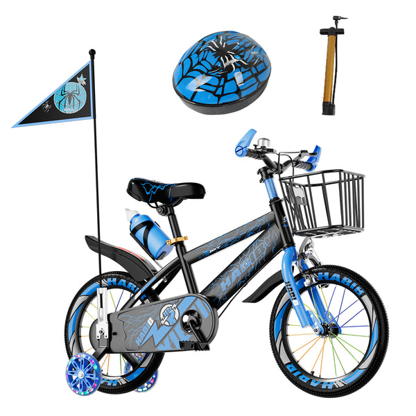 Habib Gruppe Kinderfahrrad Jungenfahrrad 12 14 16 Zoll ab 3 Jahre – mit LED Stützrädern, Korb, Klingel & GRATIS Helm & Pumpe, Vorderradbremse