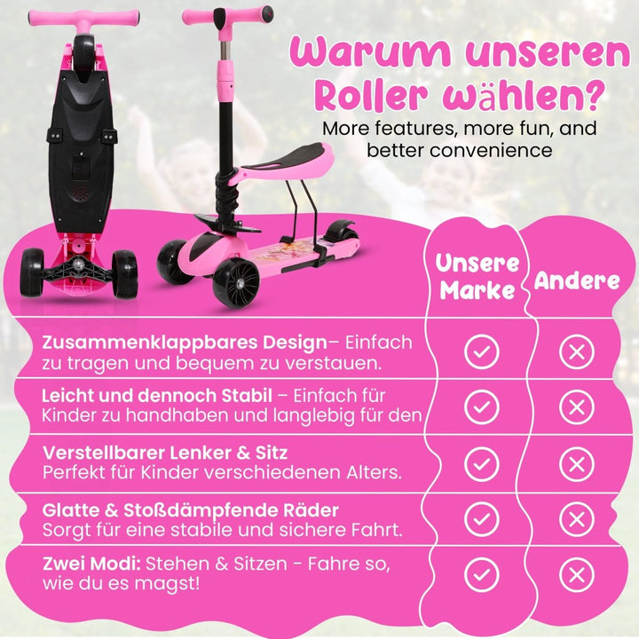 Habib Gruppe 3 - Rad Kinderroller mit LED Rädern & Sitz | Faltbar Höhenverstellbar - Europebazar