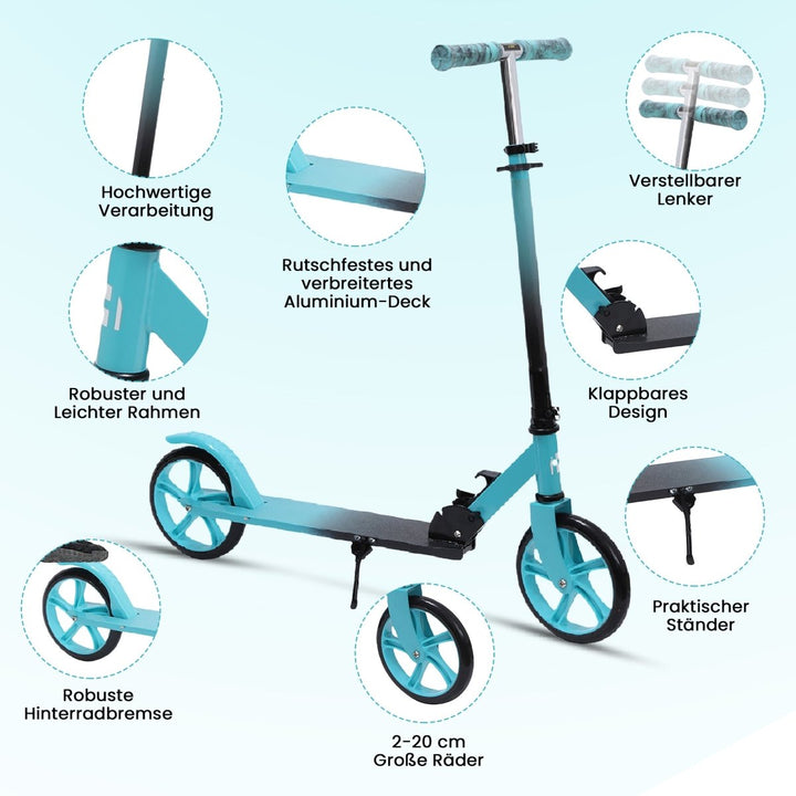 Habib Gruppe Cityroller - Kick Scooter - Kinderroller für Kinder und Jugendliche Zertifiziert vom TÜV Süd - Faltbarer Aluminium - Tretroller Höhenverstellbar - 200mm Räder - Tragbar - ab 10 Jahren - Europebazar