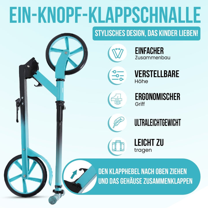 Habib Gruppe Cityroller - Kick Scooter - Kinderroller für Kinder und Jugendliche Zertifiziert vom TÜV Süd - Faltbarer Aluminium - Tretroller Höhenverstellbar - 200mm Räder - Tragbar - ab 10 Jahren - Europebazar