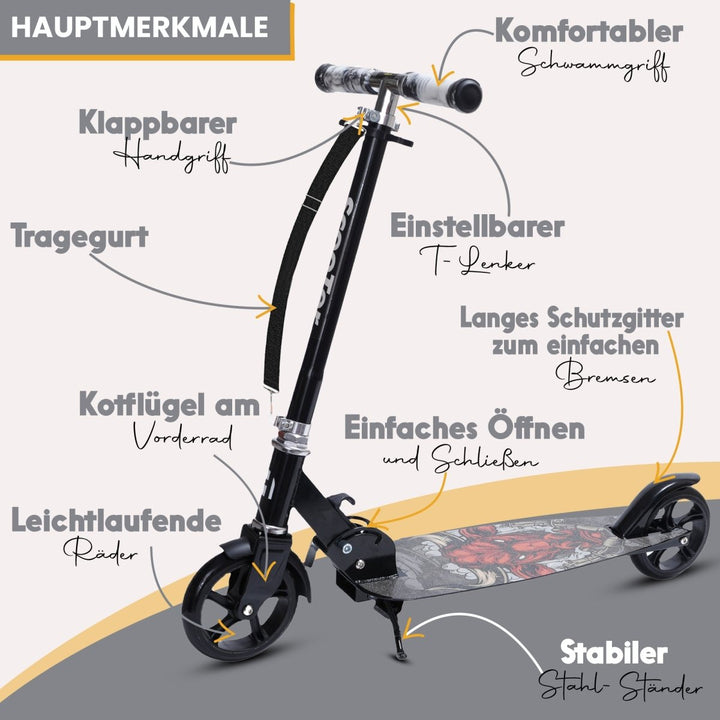 Habib Gruppe Cityroller Tretroller Scooter Kinderroller Jugendroller (6 - 16 Jahre) Zusammenklappbar Tragbar Roller Breites Deck Höhenverstellbar Bunte Griffe - Europebazar