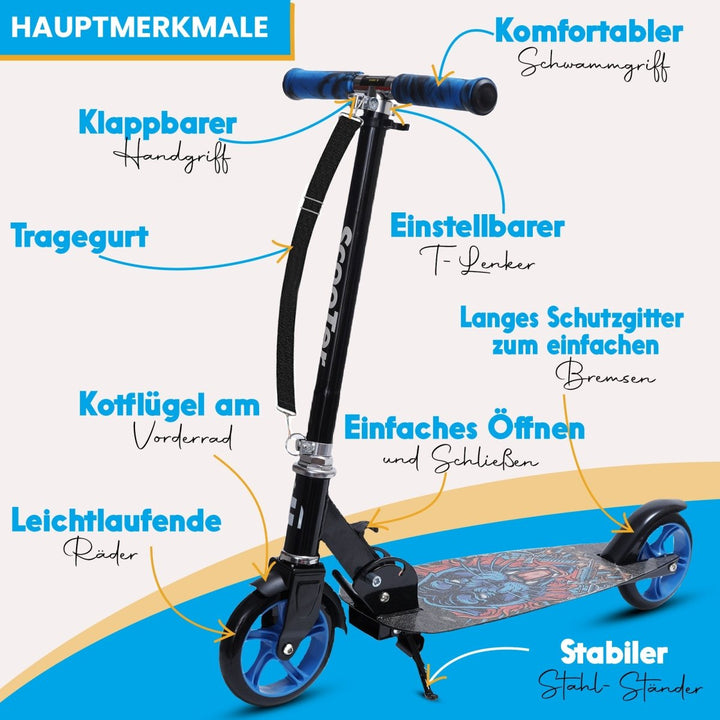 Habib Gruppe Cityroller Tretroller Scooter Kinderroller Jugendroller (6 - 16 Jahre) Zusammenklappbar Tragbar Roller Breites Deck Höhenverstellbar Bunte Griffe - Europebazar