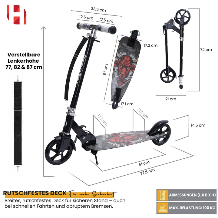 Habib Gruppe Cityroller Tretroller Scooter Kinderroller Jugendroller (6 - 16 Jahre) Zusammenklappbar Tragbar Roller Breites Deck Höhenverstellbar Bunte Griffe - Europebazar