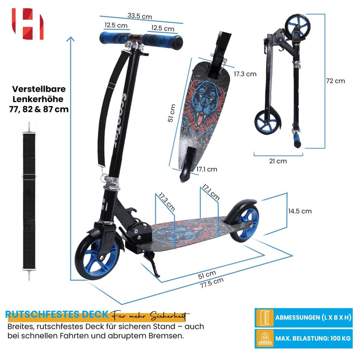 Habib Gruppe Cityroller Tretroller Scooter Kinderroller Jugendroller (6 - 16 Jahre) Zusammenklappbar Tragbar Roller Breites Deck Höhenverstellbar Bunte Griffe - Europebazar