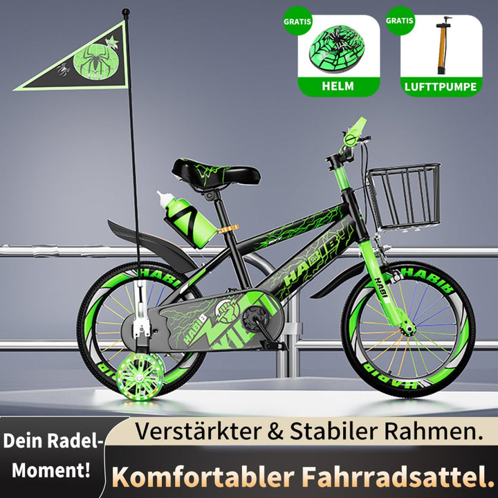 Habib Gruppe Kinderfahrrad Jungenfahrrad 12 14 16 Zoll ab 3 Jahre – mit LED Stützrädern, Korb, Klingel & GRATIS Helm & Pumpe, Vorderradbremse - Europebazar