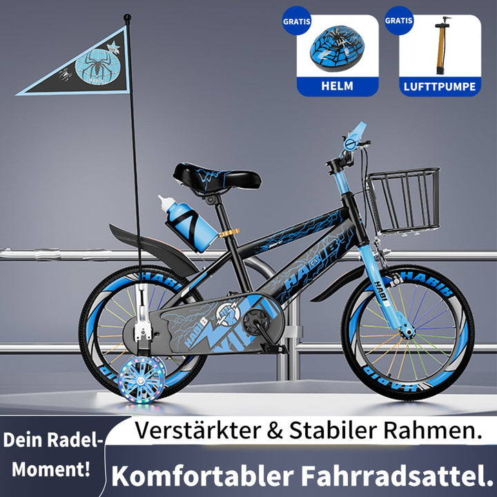 Habib Gruppe Kinderfahrrad Jungenfahrrad 12 14 16 Zoll ab 3 Jahre – mit LED Stützrädern, Korb, Klingel & GRATIS Helm & Pumpe, Vorderradbremse - Europebazar