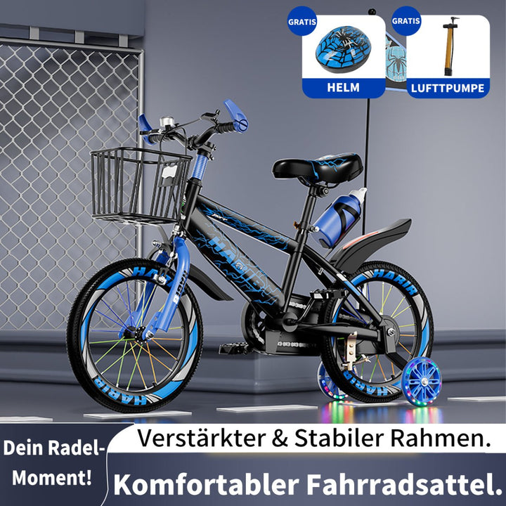 Habib Gruppe Kinderfahrrad Jungenfahrrad 12 14 16 Zoll ab 3 Jahre – mit LED Stützrädern, Korb, Klingel & GRATIS Helm & Pumpe, Vorderradbremse - Europebazar