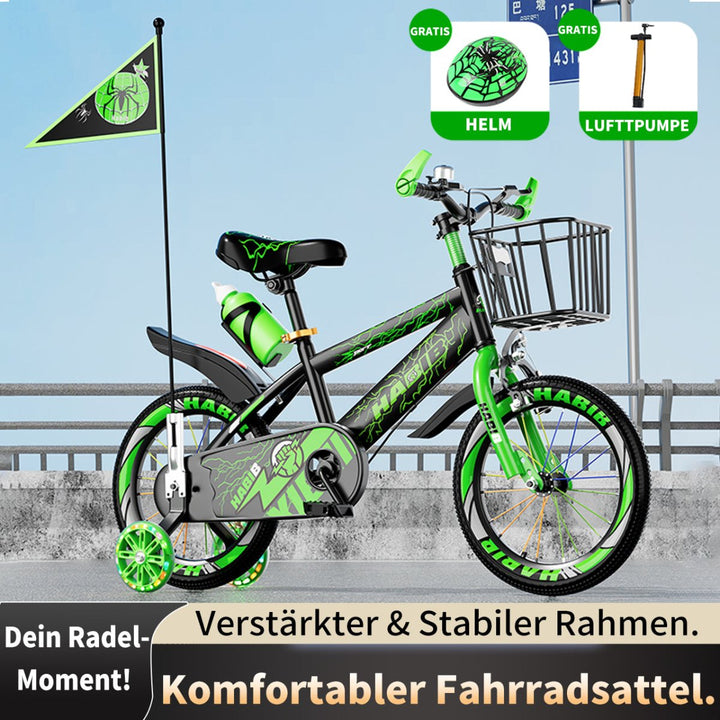 Habib Gruppe Kinderfahrrad Jungenfahrrad 12 14 16 Zoll ab 3 Jahre – mit LED Stützrädern, Korb, Klingel & GRATIS Helm & Pumpe, Vorderradbremse - Europebazar