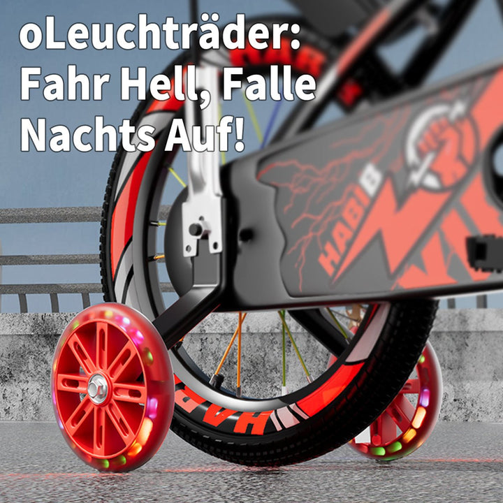 Habib Gruppe Kinderfahrrad Jungenfahrrad 12 14 16 Zoll ab 3 Jahre – mit LED Stützrädern, Korb, Klingel & GRATIS Helm & Pumpe, Vorderradbremse - Europebazar