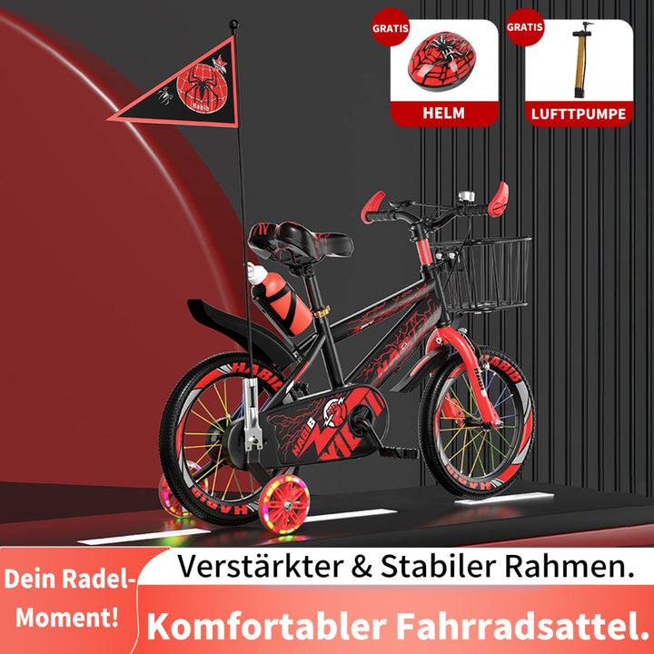 Habib Gruppe Kinderfahrrad Jungenfahrrad 12 14 16 Zoll ab 3 Jahre – mit LED Stützrädern, Korb, Klingel & GRATIS Helm & Pumpe, Vorderradbremse - Europebazar