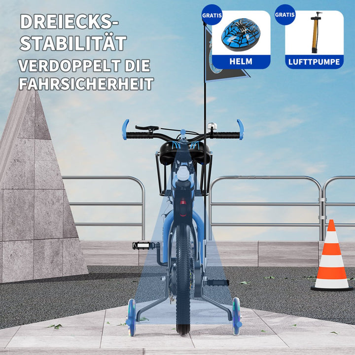 Habib Gruppe Kinderfahrrad Jungenfahrrad 12 14 16 Zoll ab 3 Jahre – mit LED Stützrädern, Korb, Klingel & GRATIS Helm & Pumpe, Vorderradbremse - Europebazar