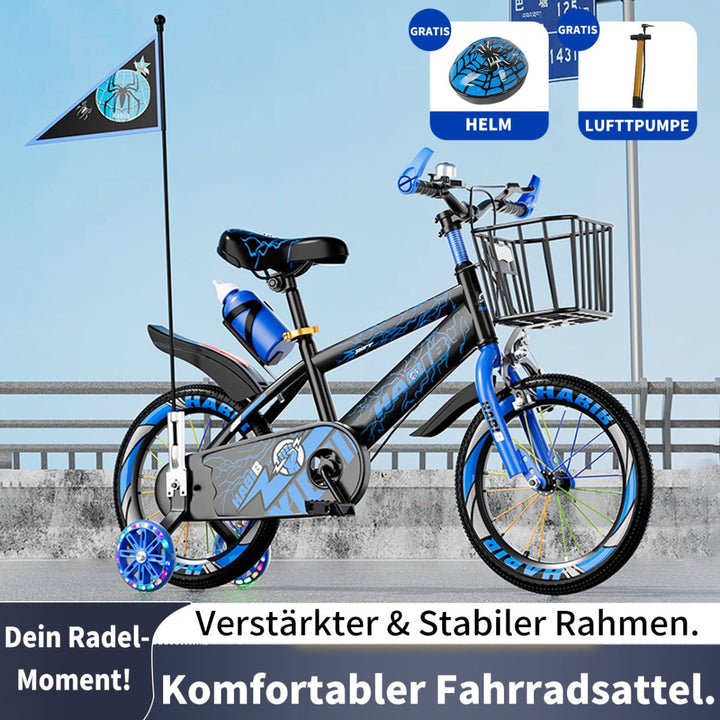 Habib Gruppe Kinderfahrrad Jungenfahrrad 12 14 16 Zoll ab 3 Jahre – mit LED Stützrädern, Korb, Klingel & GRATIS Helm & Pumpe, Vorderradbremse - Europebazar