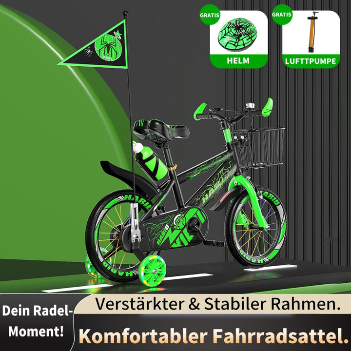 Habib Gruppe Kinderfahrrad Jungenfahrrad 12 14 16 Zoll ab 3 Jahre – mit LED Stützrädern, Korb, Klingel & GRATIS Helm & Pumpe, Vorderradbremse - Europebazar