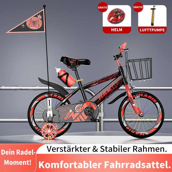 Habib Gruppe Kinderfahrrad Jungenfahrrad 12 14 16 Zoll ab 3 Jahre – mit LED Stützrädern, Korb, Klingel & GRATIS Helm & Pumpe, Vorderradbremse - Europebazar