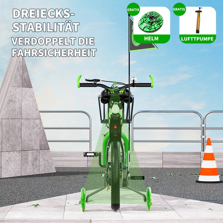 Habib Gruppe Kinderfahrrad Jungenfahrrad 12 14 16 Zoll ab 3 Jahre – mit LED Stützrädern, Korb, Klingel & GRATIS Helm & Pumpe, Vorderradbremse - Europebazar
