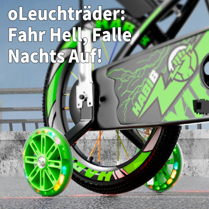 Habib Gruppe Kinderfahrrad Jungenfahrrad 12 14 16 Zoll ab 3 Jahre – mit LED Stützrädern, Korb, Klingel & GRATIS Helm & Pumpe, Vorderradbremse - Europebazar