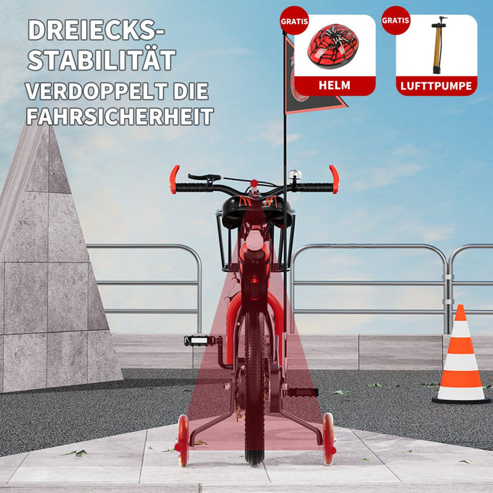 Habib Gruppe Kinderfahrrad Jungenfahrrad 12 14 16 Zoll ab 3 Jahre – mit LED Stützrädern, Korb, Klingel & GRATIS Helm & Pumpe, Vorderradbremse - Europebazar