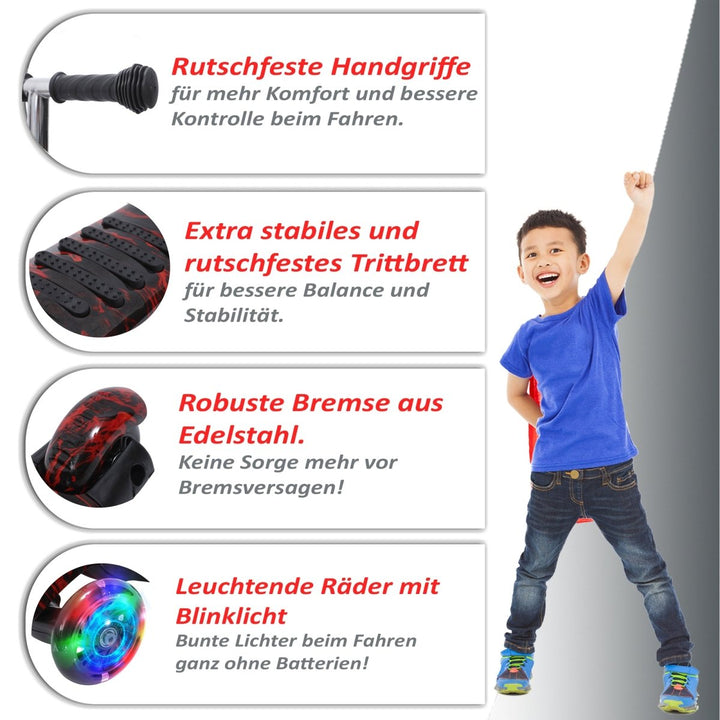 Habib Gruppe Kinderroller, 3 - Räder, Kinderscooter für Jungen & Mädchen 3 - 8 Jahre mit LED - Rädern, Höhenverstellung, rutschfest, Max. 50 KG - Europebazar