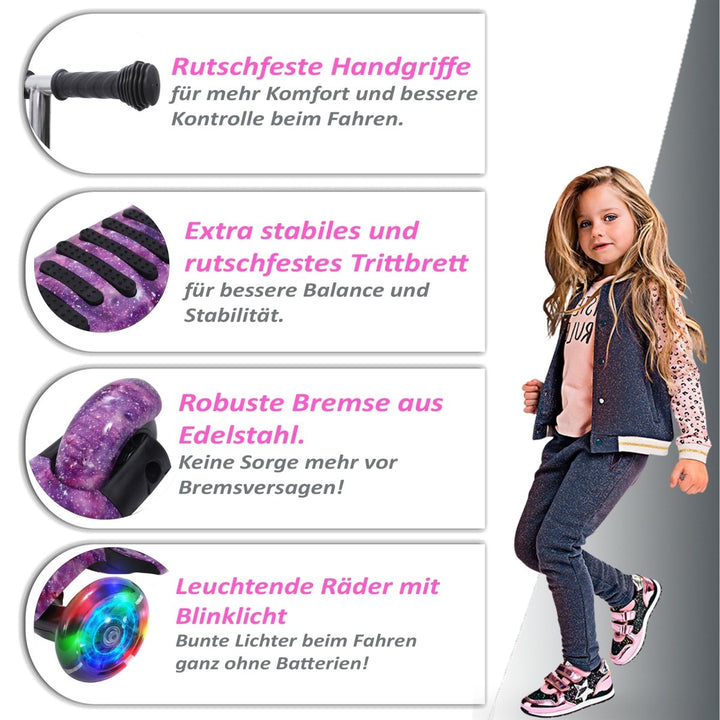 Habib Gruppe Kinderroller, 3 - Räder, Kinderscooter für Jungen & Mädchen 3 - 8 Jahre mit LED - Rädern, Höhenverstellung, rutschfest, Max. 50 KG - Europebazar