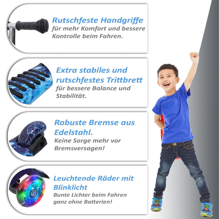 Habib Gruppe Kinderroller, 3 - Räder, Kinderscooter für Jungen & Mädchen 3 - 8 Jahre mit LED - Rädern, Höhenverstellung, rutschfest, Max. 50 KG - Europebazar