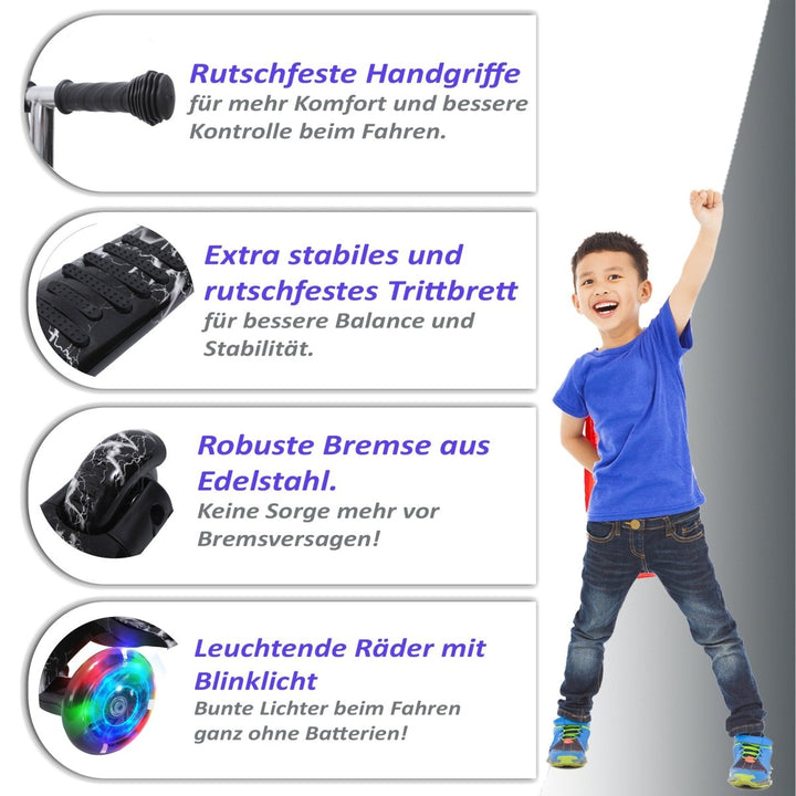 Habib Gruppe Kinderroller, 3 - Räder, Kinderscooter für Jungen & Mädchen 3 - 8 Jahre mit LED - Rädern, Höhenverstellung, rutschfest, Max. 50 KG - Europebazar