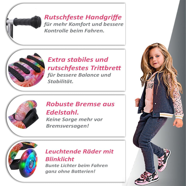 Habib Gruppe Kinderroller, 3 - Räder, Kinderscooter für Jungen & Mädchen 3 - 8 Jahre mit LED - Rädern, Höhenverstellung, rutschfest, Max. 50 KG - Europebazar