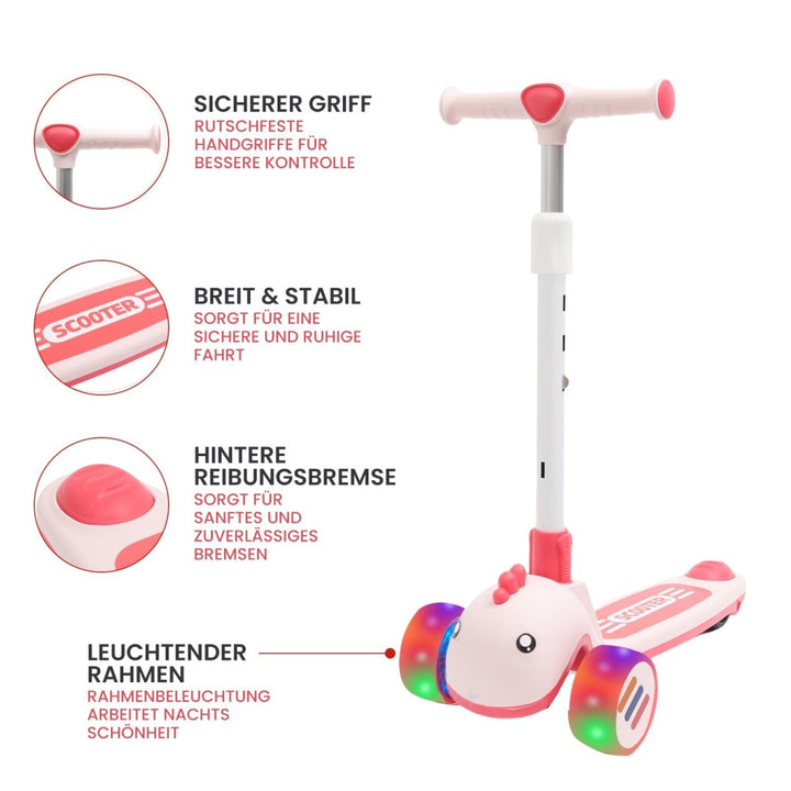 Habib Gruppe Kinderroller mit Tier - Design | 3 - Rad, LED - Licht & Faltbar - Europebazar