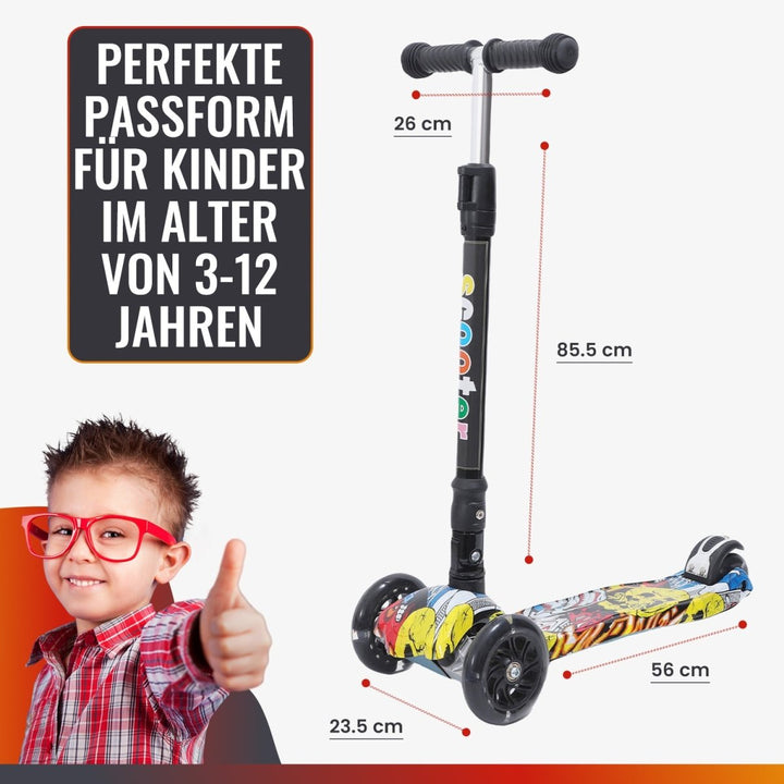 Habib Gruppe Kinderroller, Tretroller ab 3 Jahre, Faltbar, Höhenverstellbar, LED Leuchträder, Bis 50kg, Für Jungen & Mädchen - Europebazar