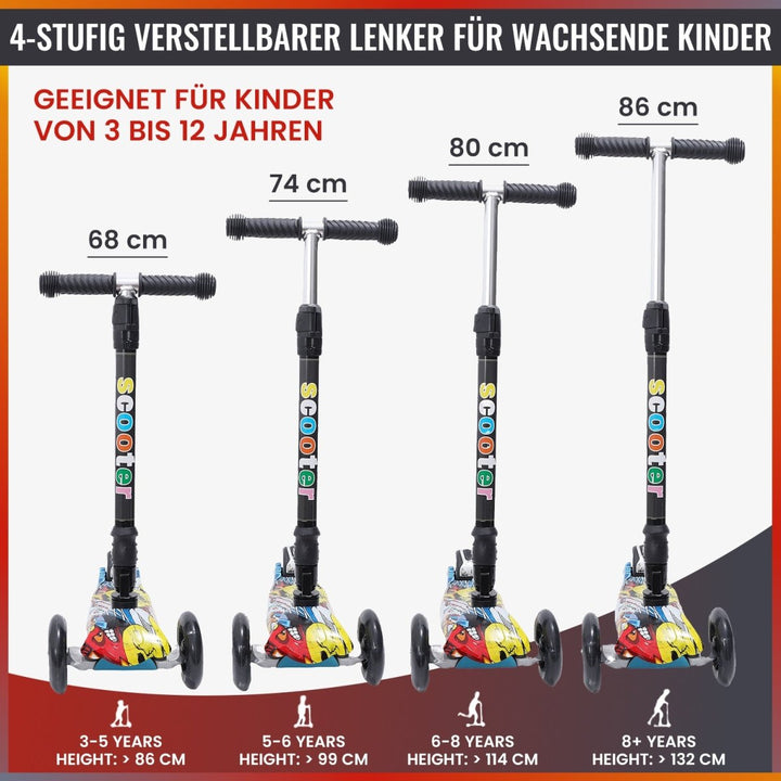 Habib Gruppe Kinderroller, Tretroller ab 3 Jahre, Faltbar, Höhenverstellbar, LED Leuchträder, Bis 50kg, Für Jungen & Mädchen - Europebazar