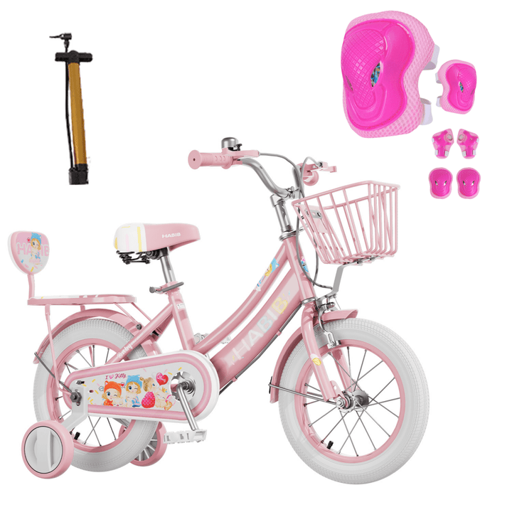 Habib Gruppe Mädchenfahrrad Komplettset | 12, 14, 16 Zoll | Inkl. Luftpumpe & 6 - teiligem Schutz - Set | Karbonstahlrahmen & Duales Bremssystem | Mitwachsend & sicher für Mädchen 3 - 8 Jahre - Europebazar