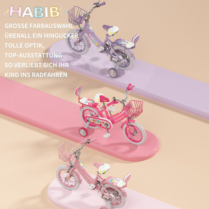 Habib Gruppe Mädchenfahrrad Komplettset | 12, 14, 16 Zoll | Inkl. Luftpumpe & 6 - teiligem Schutz - Set | Karbonstahlrahmen & Duales Bremssystem | Mitwachsend & sicher für Mädchen 3 - 8 Jahre - Europebazar