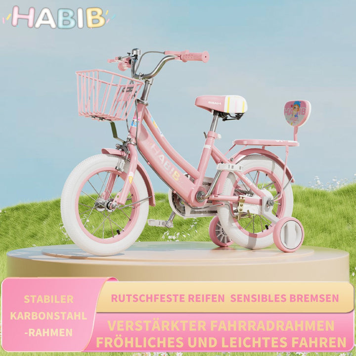 Habib Gruppe Mädchenfahrrad Komplettset | 12, 14, 16 Zoll | Inkl. Luftpumpe & 6 - teiligem Schutz - Set | Karbonstahlrahmen & Duales Bremssystem | Mitwachsend & sicher für Mädchen 3 - 8 Jahre - Europebazar
