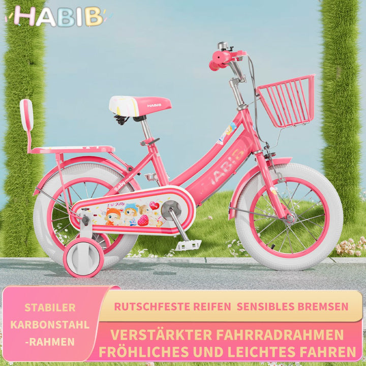 Habib Gruppe Mädchenfahrrad Komplettset | 12, 14, 16 Zoll | Inkl. Luftpumpe & 6 - teiligem Schutz - Set | Karbonstahlrahmen & Duales Bremssystem | Mitwachsend & sicher für Mädchen 3 - 8 Jahre - Europebazar