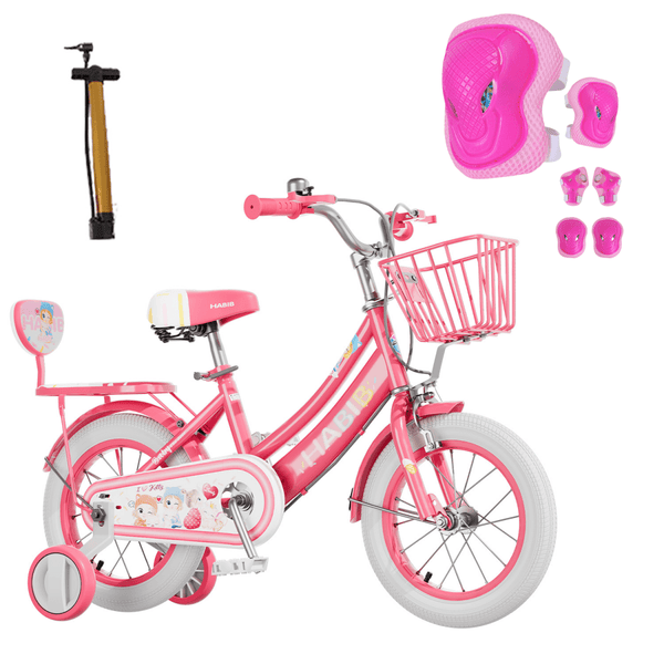 Habib Gruppe Mädchenfahrrad Komplettset | 12, 14, 16 Zoll | Inkl. Luftpumpe & 6 - teiligem Schutz - Set | Karbonstahlrahmen & Duales Bremssystem | Mitwachsend & sicher für Mädchen 3 - 8 Jahre - Europebazar