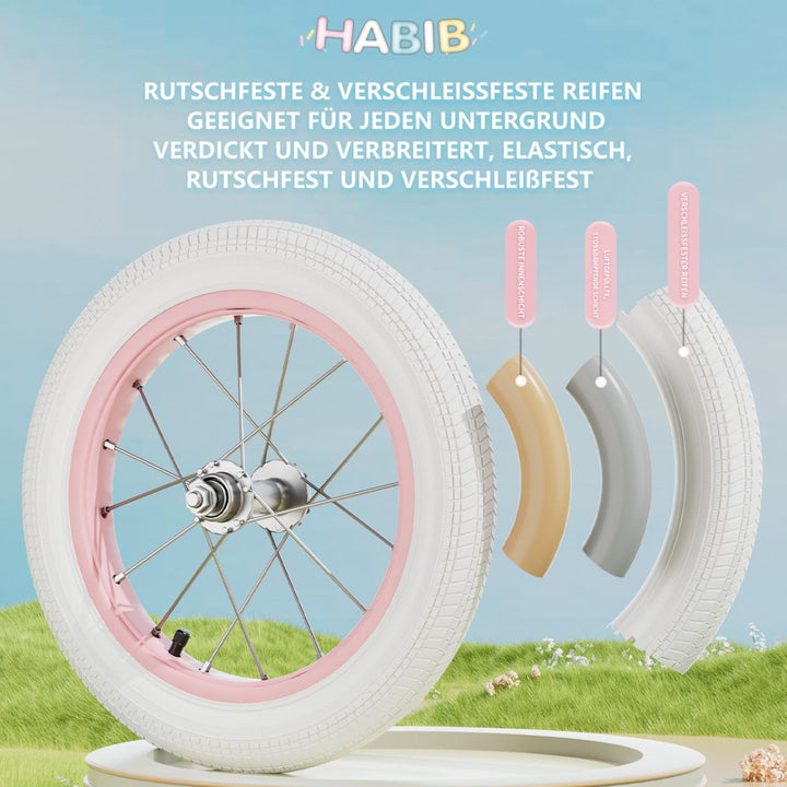Habib Gruppe Mädchenfahrrad Komplettset | 12, 14, 16 Zoll | Inkl. Luftpumpe & 6 - teiligem Schutz - Set | Karbonstahlrahmen & Duales Bremssystem | Mitwachsend & sicher für Mädchen 3 - 8 Jahre - Europebazar
