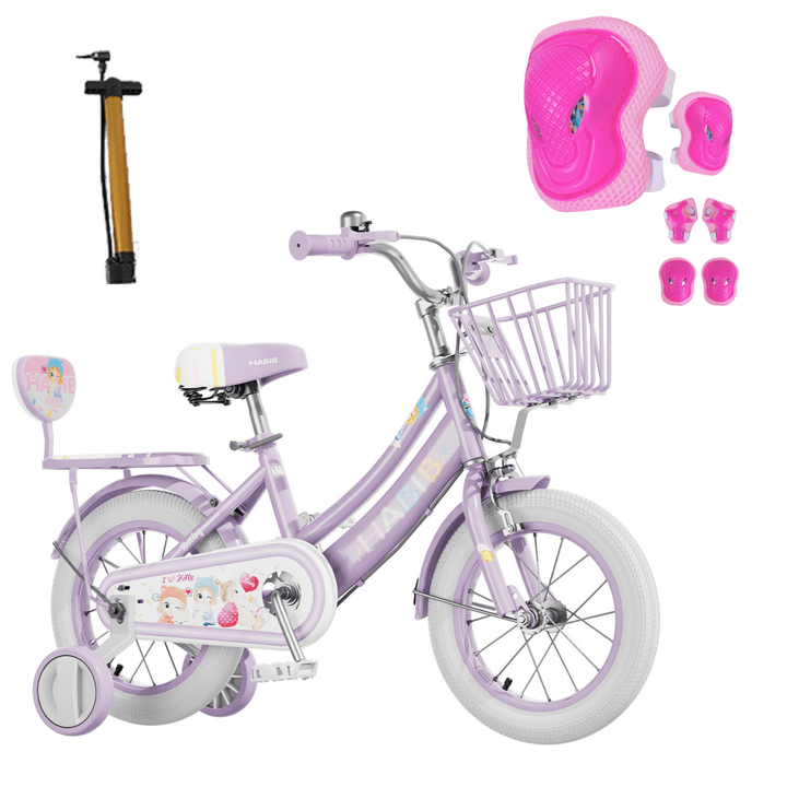 Habib Gruppe Mädchenfahrrad Komplettset | 12, 14, 16 Zoll | Inkl. Luftpumpe & 6 - teiligem Schutz - Set | Karbonstahlrahmen & Duales Bremssystem | Mitwachsend & sicher für Mädchen 3 - 8 Jahre - Europebazar