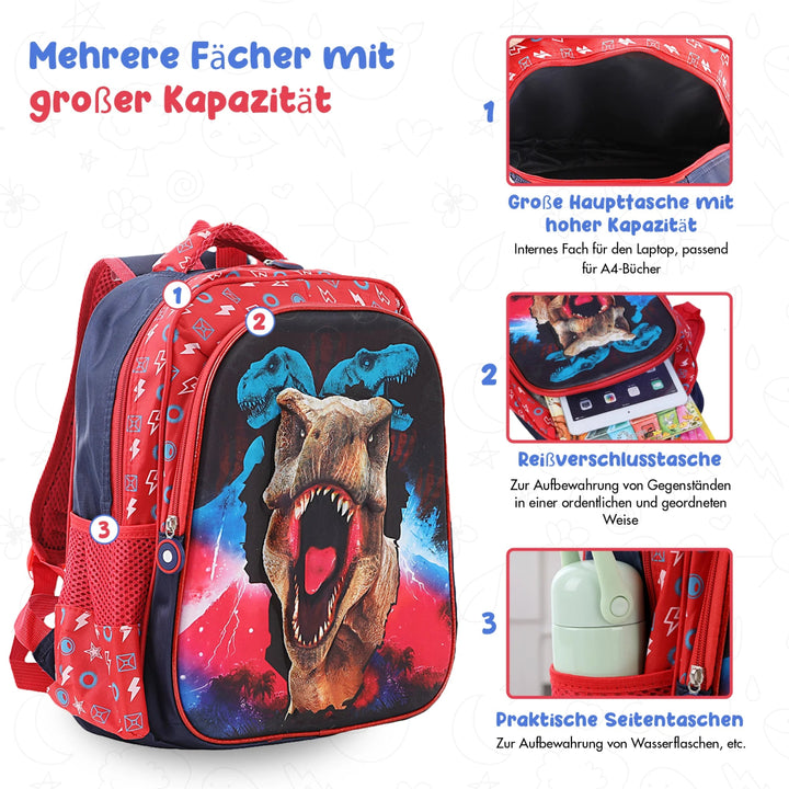 Schulrucksack Jungs - Roter Dinosaurier - Europebazar